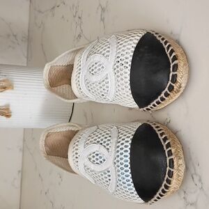 CHANEL White and Black Mesh Espadrilles